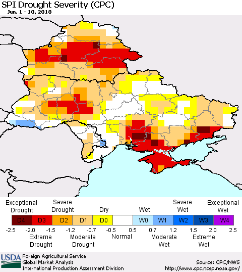 Ukraine, Moldova and Belarus SPI Drought Severity (CPC) Thematic Map For 6/1/2018 - 6/10/2018