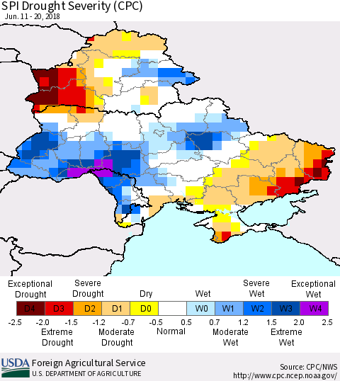 Ukraine, Moldova and Belarus SPI Drought Severity (CPC) Thematic Map For 6/11/2018 - 6/20/2018