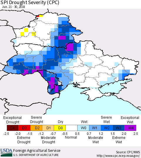 Ukraine, Moldova and Belarus SPI Drought Severity (CPC) Thematic Map For 6/21/2018 - 6/30/2018