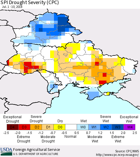 Ukraine, Moldova and Belarus SPI Drought Severity (CPC) Thematic Map For 7/1/2018 - 7/10/2018