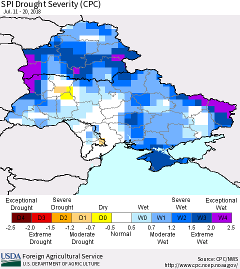 Ukraine, Moldova and Belarus SPI Drought Severity (CPC) Thematic Map For 7/11/2018 - 7/20/2018