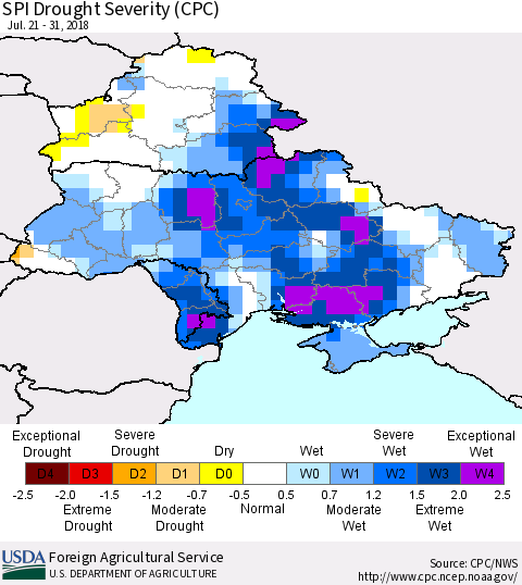 Ukraine, Moldova and Belarus SPI Drought Severity (CPC) Thematic Map For 7/21/2018 - 7/31/2018