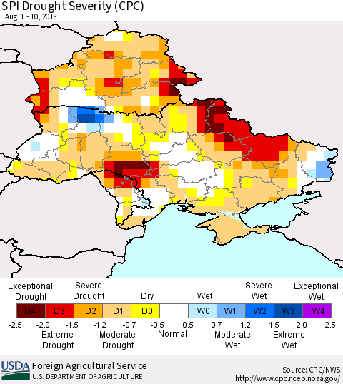 Ukraine, Moldova and Belarus SPI Drought Severity (CPC) Thematic Map For 8/1/2018 - 8/10/2018