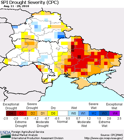 Ukraine, Moldova and Belarus SPI Drought Severity (CPC) Thematic Map For 8/11/2018 - 8/20/2018