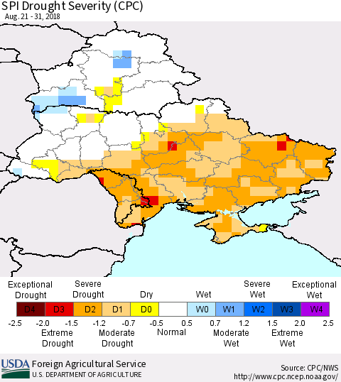 Ukraine, Moldova and Belarus SPI Drought Severity (CPC) Thematic Map For 8/21/2018 - 8/31/2018