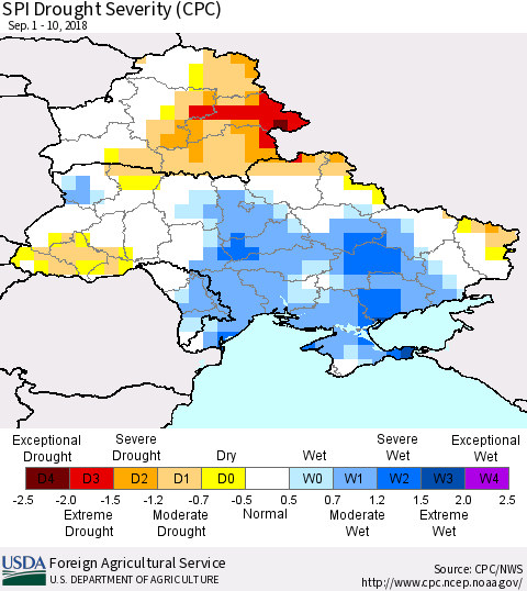 Ukraine, Moldova and Belarus SPI Drought Severity (CPC) Thematic Map For 9/1/2018 - 9/10/2018