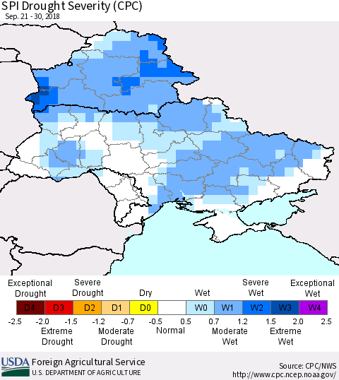 Ukraine, Moldova and Belarus SPI Drought Severity (CPC) Thematic Map For 9/21/2018 - 9/30/2018