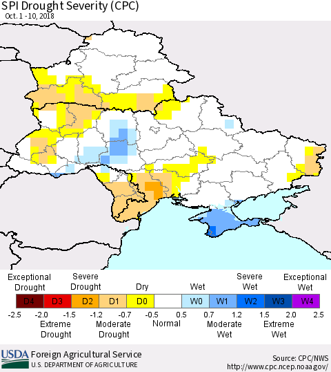 Ukraine, Moldova and Belarus SPI Drought Severity (CPC) Thematic Map For 10/1/2018 - 10/10/2018