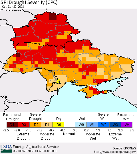Ukraine, Moldova and Belarus SPI Drought Severity (CPC) Thematic Map For 10/11/2018 - 10/20/2018
