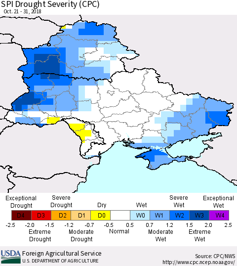 Ukraine, Moldova and Belarus SPI Drought Severity (CPC) Thematic Map For 10/21/2018 - 10/31/2018