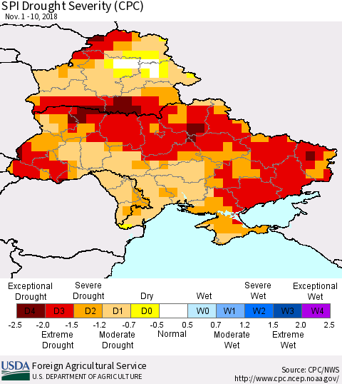 Ukraine, Moldova and Belarus SPI Drought Severity (CPC) Thematic Map For 11/1/2018 - 11/10/2018
