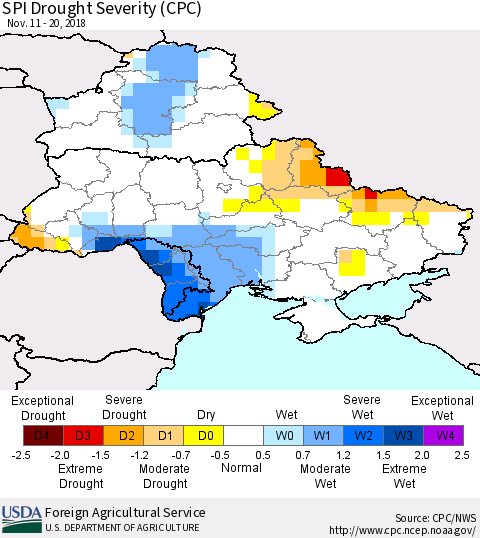 Ukraine, Moldova and Belarus SPI Drought Severity (CPC) Thematic Map For 11/11/2018 - 11/20/2018