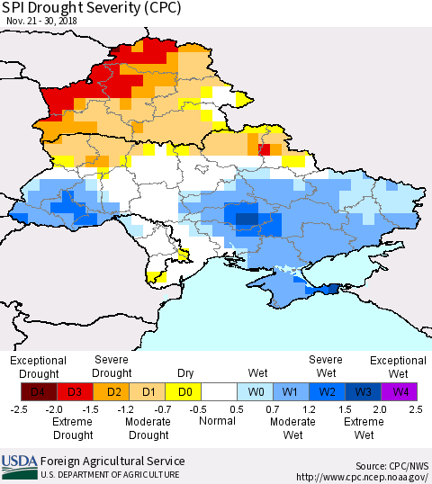 Ukraine, Moldova and Belarus SPI Drought Severity (CPC) Thematic Map For 11/21/2018 - 11/30/2018