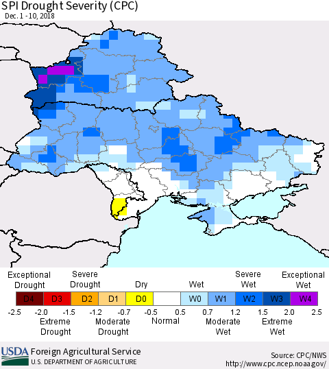 Ukraine, Moldova and Belarus SPI Drought Severity (CPC) Thematic Map For 12/1/2018 - 12/10/2018