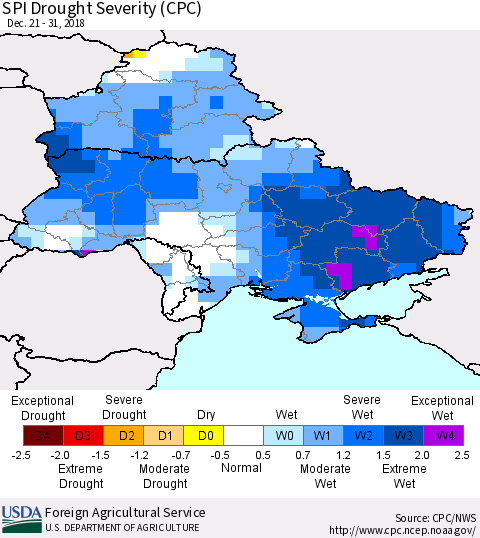 Ukraine, Moldova and Belarus SPI Drought Severity (CPC) Thematic Map For 12/21/2018 - 12/31/2018