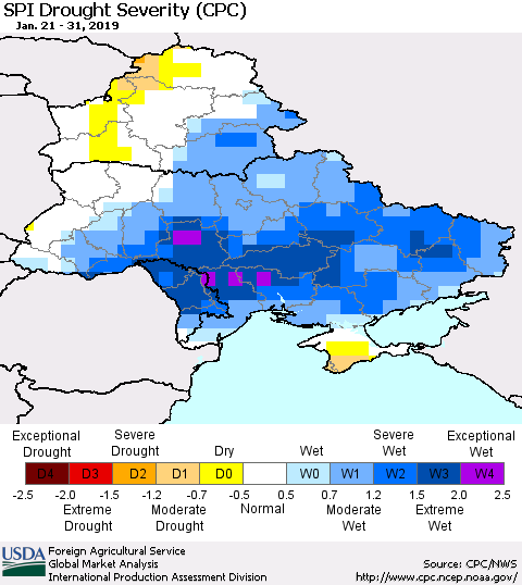 Ukraine, Moldova and Belarus SPI Drought Severity (CPC) Thematic Map For 1/21/2019 - 1/31/2019