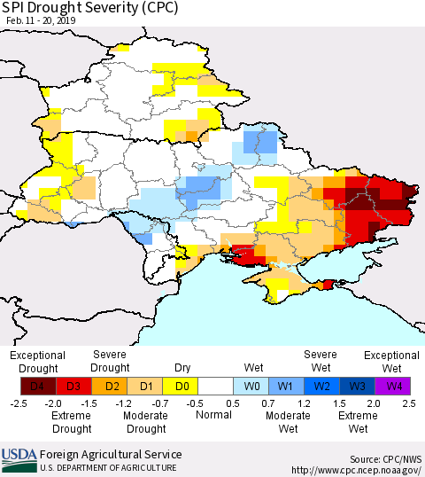 Ukraine, Moldova and Belarus SPI Drought Severity (CPC) Thematic Map For 2/11/2019 - 2/20/2019