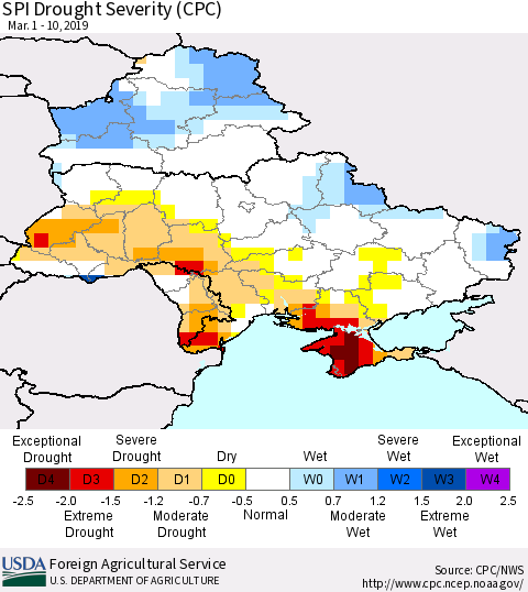 Ukraine, Moldova and Belarus SPI Drought Severity (CPC) Thematic Map For 3/1/2019 - 3/10/2019