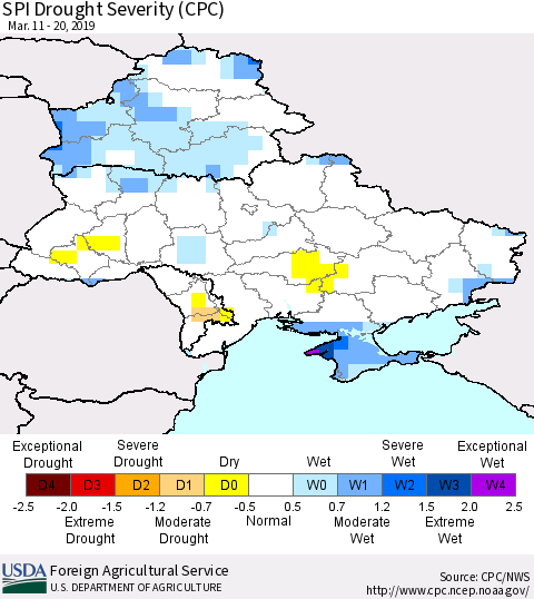 Ukraine, Moldova and Belarus SPI Drought Severity (CPC) Thematic Map For 3/11/2019 - 3/20/2019