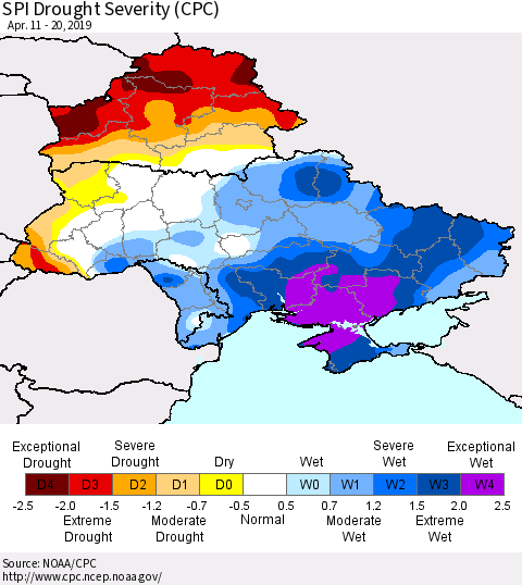 Ukraine, Moldova and Belarus SPI Drought Severity (CPC) Thematic Map For 4/11/2019 - 4/20/2019