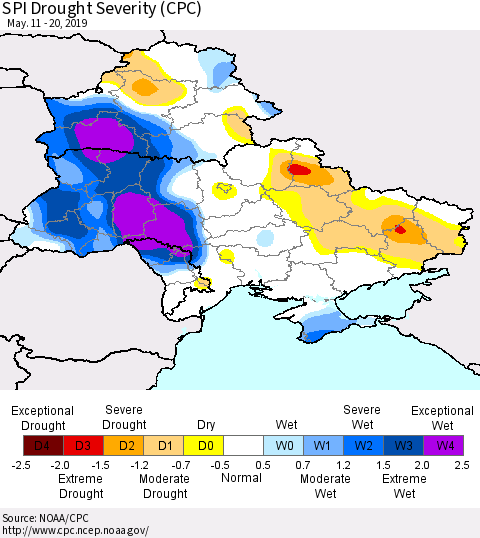 Ukraine, Moldova and Belarus SPI Drought Severity (CPC) Thematic Map For 5/11/2019 - 5/20/2019