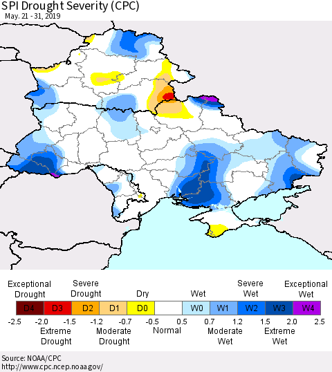 Ukraine, Moldova and Belarus SPI Drought Severity (CPC) Thematic Map For 5/21/2019 - 5/31/2019