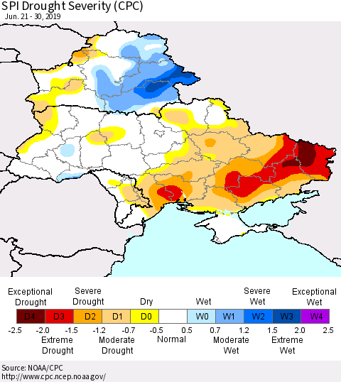 Ukraine, Moldova and Belarus SPI Drought Severity (CPC) Thematic Map For 6/21/2019 - 6/30/2019