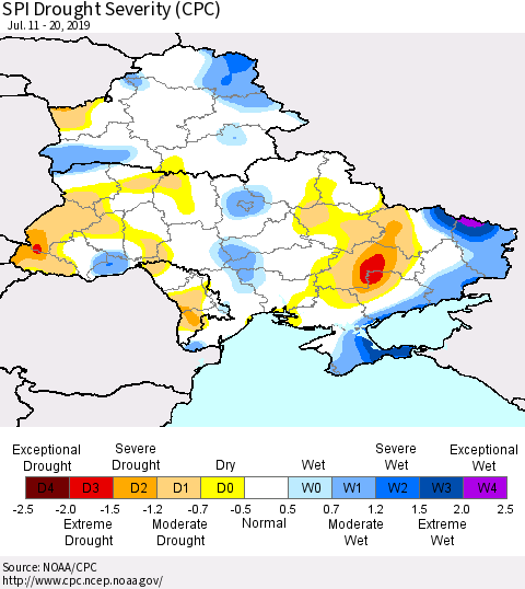 Ukraine, Moldova and Belarus SPI Drought Severity (CPC) Thematic Map For 7/11/2019 - 7/20/2019