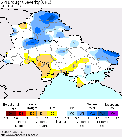 Ukraine, Moldova and Belarus SPI Drought Severity (CPC) Thematic Map For 7/21/2019 - 7/31/2019