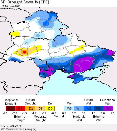 Ukraine, Moldova and Belarus SPI Drought Severity (CPC) Thematic Map For 8/1/2019 - 8/10/2019