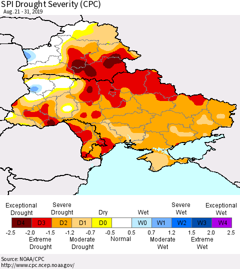 Ukraine, Moldova and Belarus SPI Drought Severity (CPC) Thematic Map For 8/21/2019 - 8/31/2019