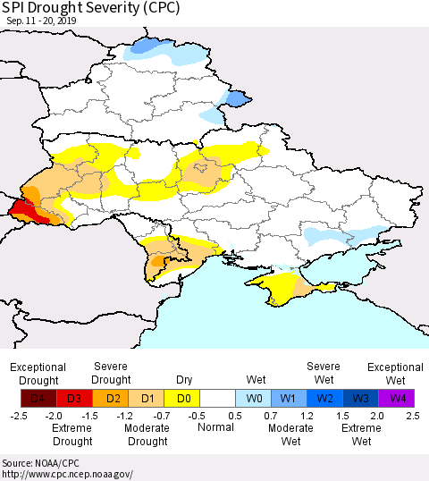 Ukraine, Moldova and Belarus SPI Drought Severity (CPC) Thematic Map For 9/11/2019 - 9/20/2019