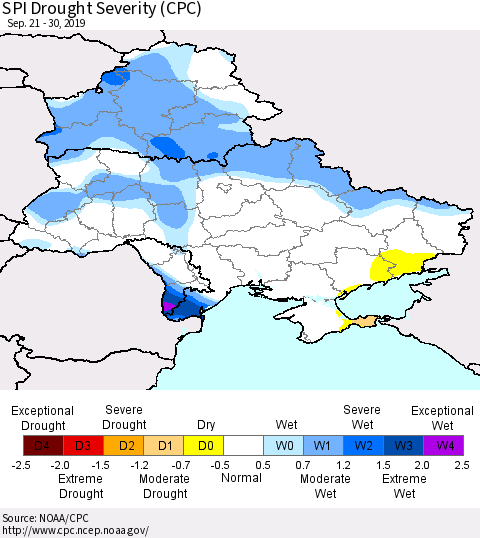 Ukraine, Moldova and Belarus SPI Drought Severity (CPC) Thematic Map For 9/21/2019 - 9/30/2019