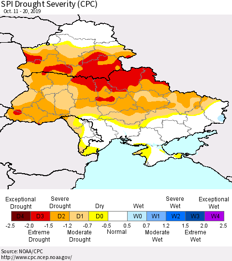Ukraine, Moldova and Belarus SPI Drought Severity (CPC) Thematic Map For 10/11/2019 - 10/20/2019