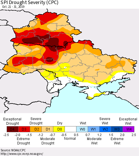Ukraine, Moldova and Belarus SPI Drought Severity (CPC) Thematic Map For 10/21/2019 - 10/31/2019