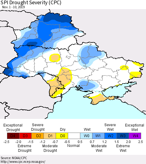 Ukraine, Moldova and Belarus SPI Drought Severity (CPC) Thematic Map For 11/1/2019 - 11/10/2019