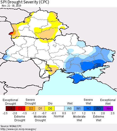 Ukraine, Moldova and Belarus SPI Drought Severity (CPC) Thematic Map For 11/21/2019 - 11/30/2019