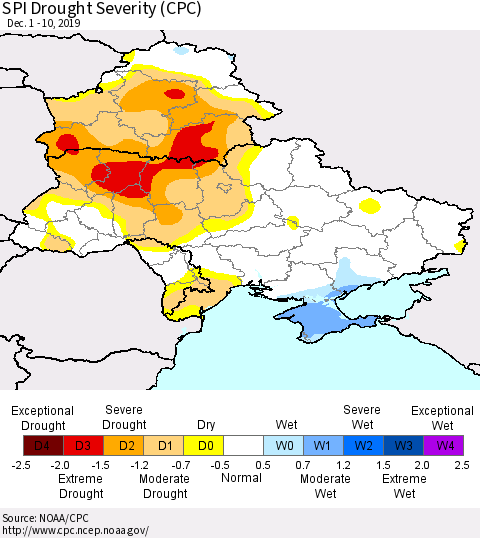 Ukraine, Moldova and Belarus SPI Drought Severity (CPC) Thematic Map For 12/1/2019 - 12/10/2019