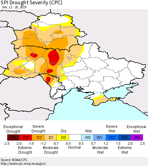 Ukraine, Moldova and Belarus SPI Drought Severity (CPC) Thematic Map For 12/11/2019 - 12/20/2019