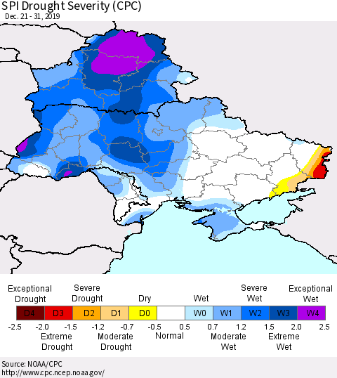 Ukraine, Moldova and Belarus SPI Drought Severity (CPC) Thematic Map For 12/21/2019 - 12/31/2019