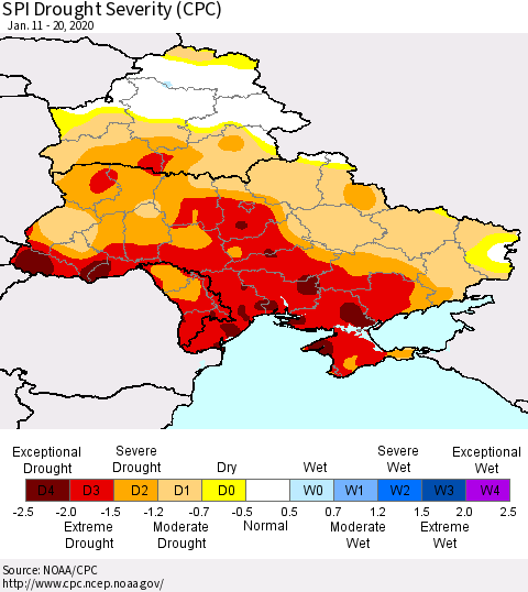 Ukraine, Moldova and Belarus SPI Drought Severity (CPC) Thematic Map For 1/11/2020 - 1/20/2020