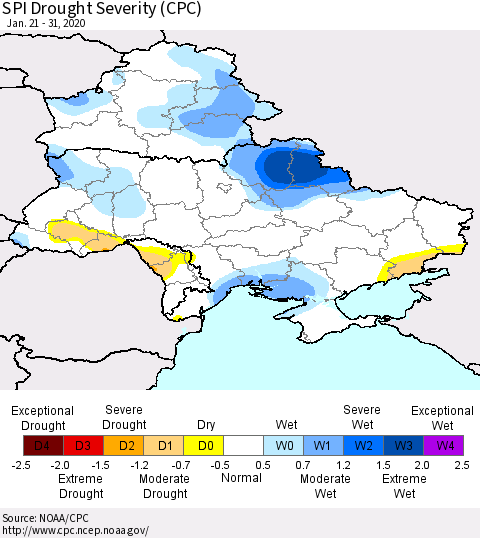 Ukraine, Moldova and Belarus SPI Drought Severity (CPC) Thematic Map For 1/21/2020 - 1/31/2020