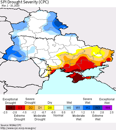 Ukraine, Moldova and Belarus SPI Drought Severity (CPC) Thematic Map For 3/1/2020 - 3/10/2020