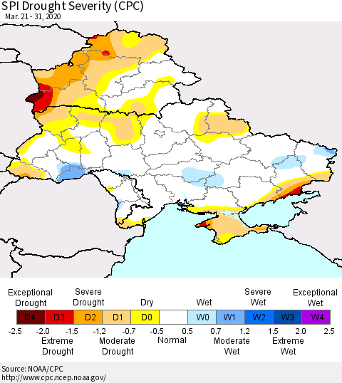 Ukraine, Moldova and Belarus SPI Drought Severity (CPC) Thematic Map For 3/21/2020 - 3/31/2020