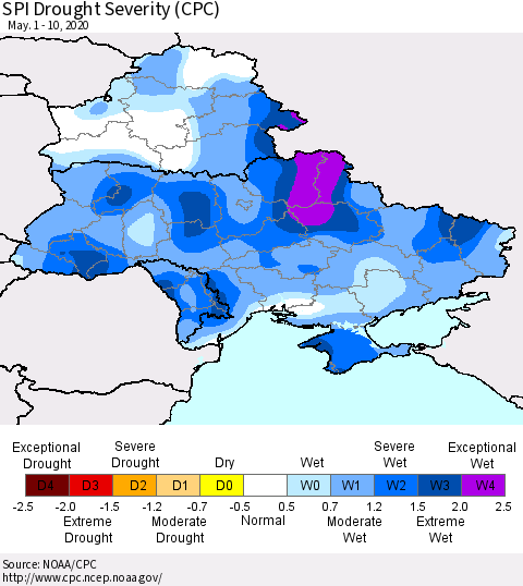 Ukraine, Moldova and Belarus SPI Drought Severity (CPC) Thematic Map For 5/1/2020 - 5/10/2020