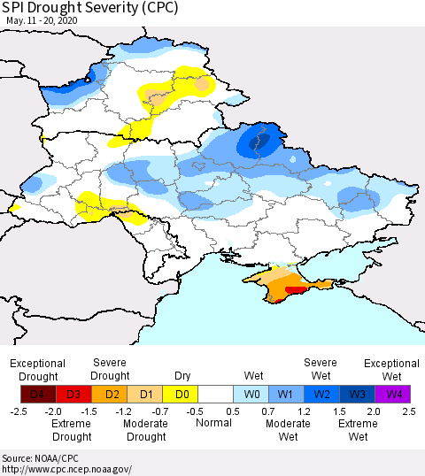 Ukraine, Moldova and Belarus SPI Drought Severity (CPC) Thematic Map For 5/11/2020 - 5/20/2020