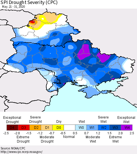 Ukraine, Moldova and Belarus SPI Drought Severity (CPC) Thematic Map For 5/21/2020 - 5/31/2020