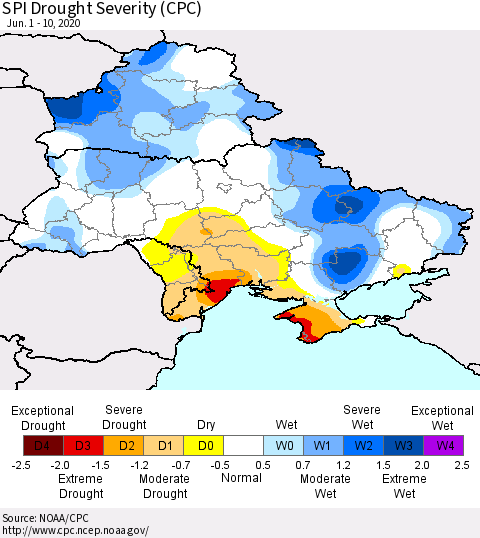 Ukraine, Moldova and Belarus SPI Drought Severity (CPC) Thematic Map For 6/1/2020 - 6/10/2020