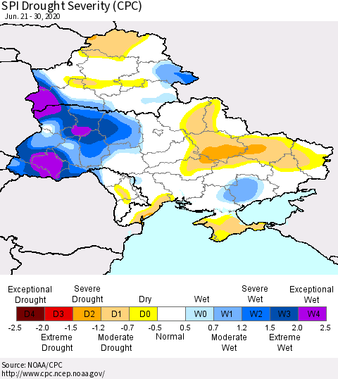 Ukraine, Moldova and Belarus SPI Drought Severity (CPC) Thematic Map For 6/21/2020 - 6/30/2020