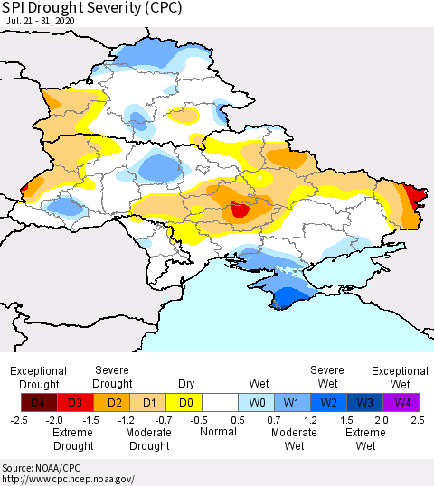 Ukraine, Moldova and Belarus SPI Drought Severity (CPC) Thematic Map For 7/21/2020 - 7/31/2020